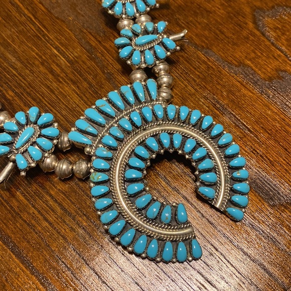 Navajo Petite Point Turquoise Squash Blossom Necklace - Picture 2 of 7